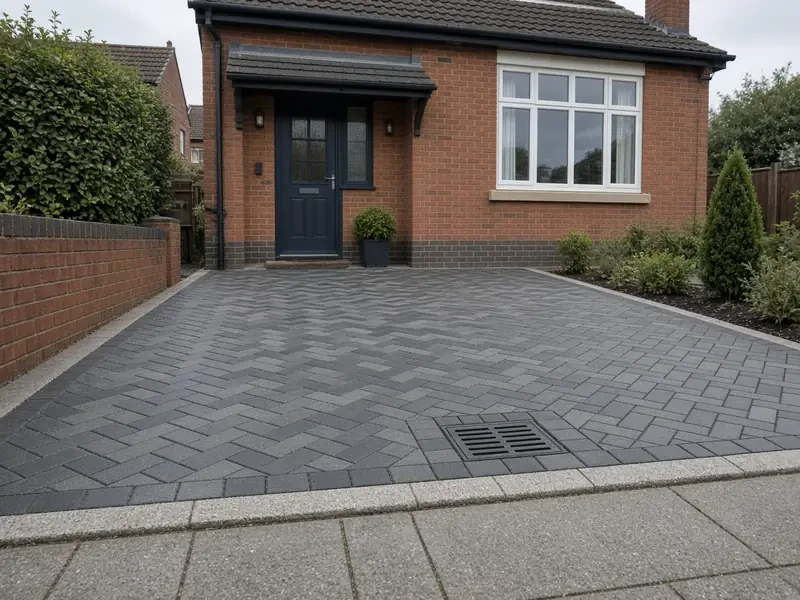 Charcoal block paving driveway in a herringbone pattern outside a brick house