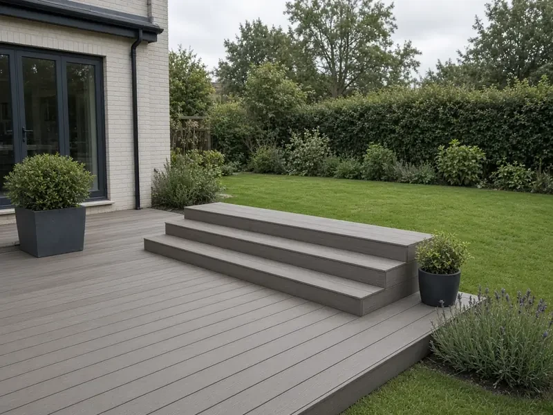 Composite decking terrace with steps down to a lawn