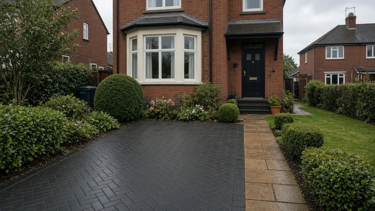 Block paved driveway and front garden at a red brick house