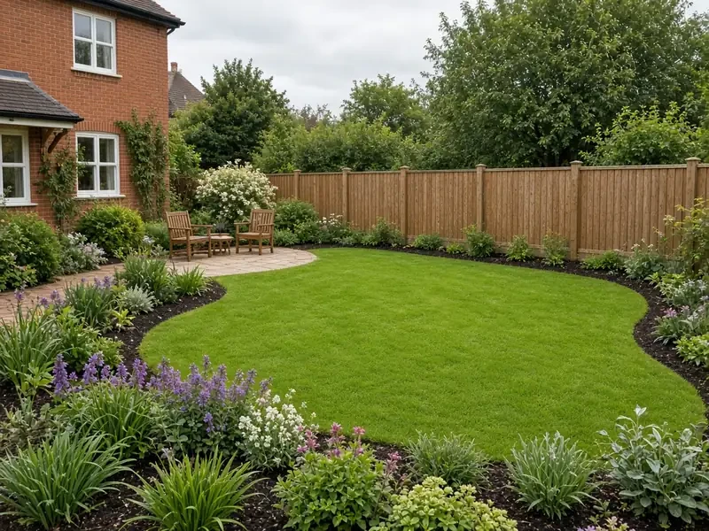 Finished back garden with a lawn, planted borders and a paved seating area