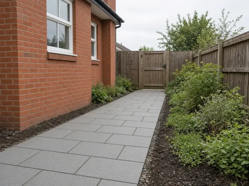 Grey paving slab path running alongside a brick house
