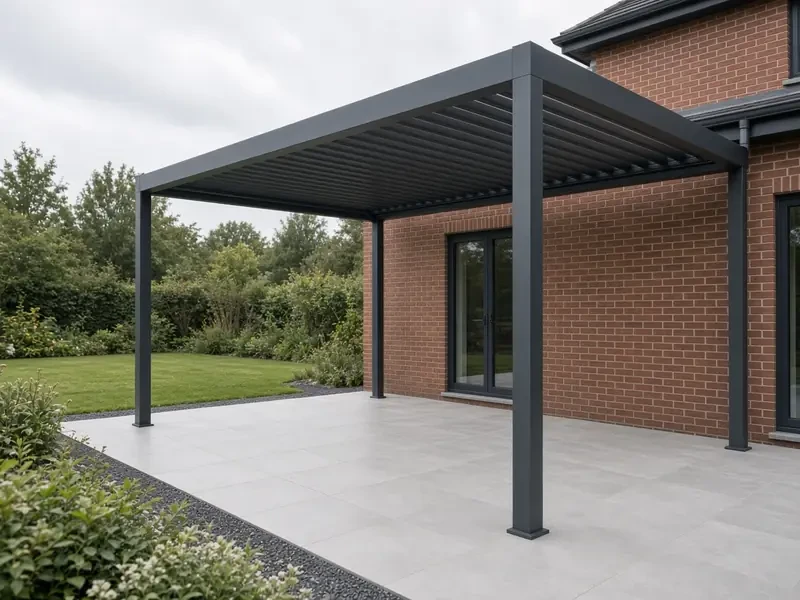 Anthracite aluminium pergola with a louvred roof over a patio