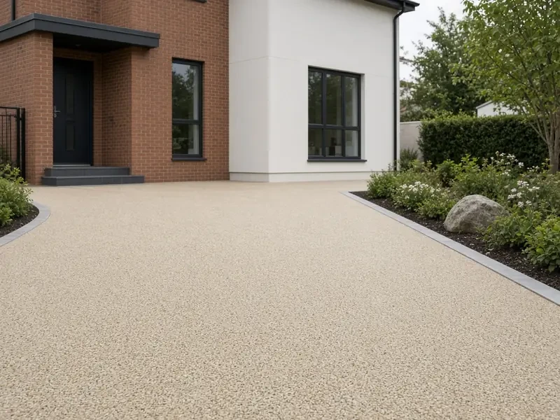 Smooth grey and honey resin driveway in front of a modern brick and render house