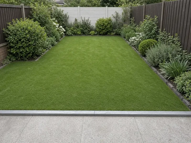 Even artificial grass lawn edged against a pale patio