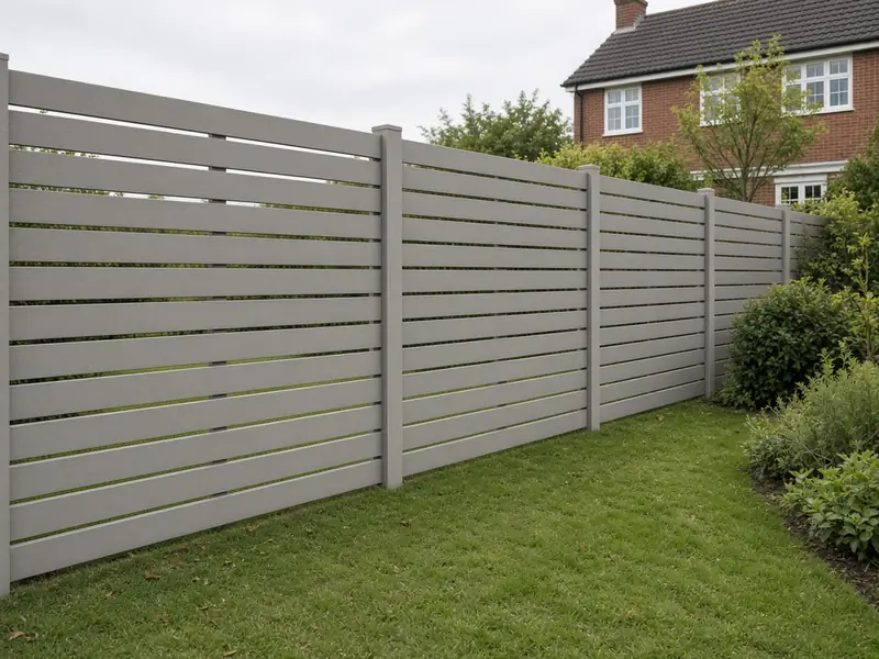 Horizontal slatted Venetian-style fence panels along a lawn