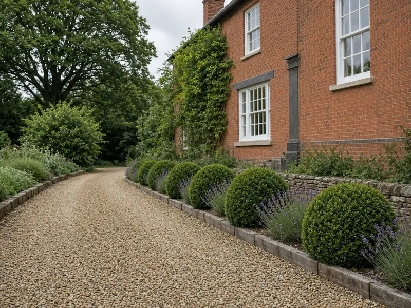 Golden gravel driveway with stone edging beside a brick house and a planted border