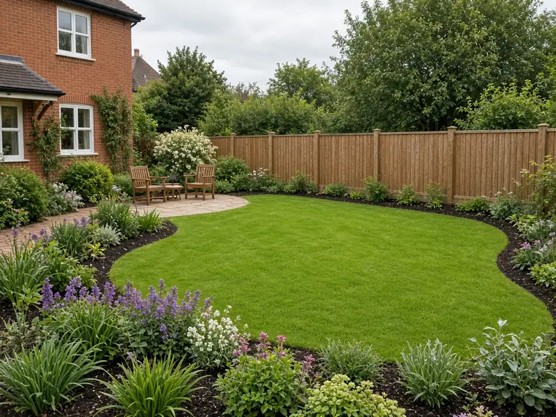 Finished back garden with a lawn, planted borders and a paved seating area