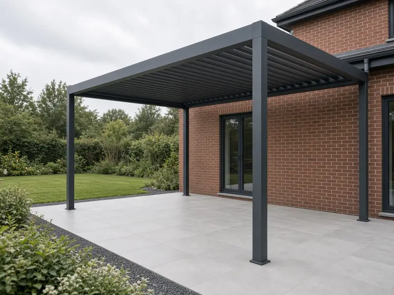 Anthracite aluminium pergola with a louvred roof over a patio