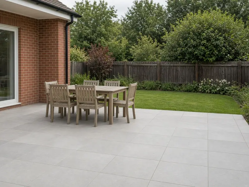 Large light grey porcelain patio slabs with outdoor furniture at the back of a house