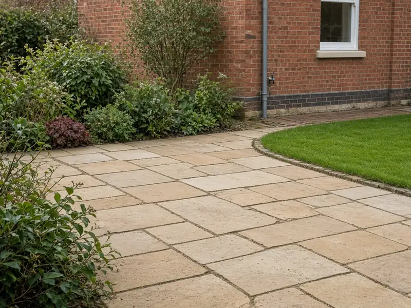 Buff sandstone patio slabs beside a lawn and planted borders